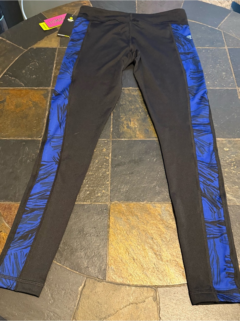 Zumba Fitness Black Leggings with Blue Patterned Side Panels
